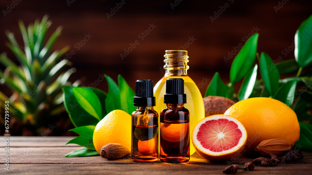 Essential oil of berries and fruits in a bottle. Generative AI, Essential oil of berries and fruits in a bottle. Generative AI,
