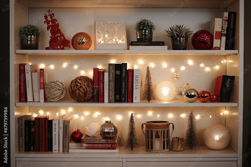 An Enchanting Display of Festive Cheer on a Holiday-Themed Bookshelf An Enchanting Display of Festive Cheer on a Holiday-Themed Bookshelf