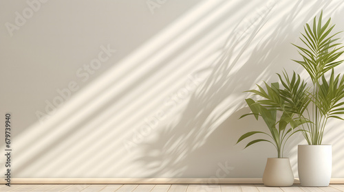 Une plante verte avec des feuilles de palme dans un pot en terre cuite, posée sur un sol en bois contre un mur blanc.