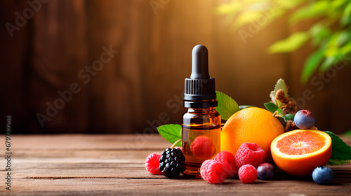 Essential oil of berries and fruits in a bottle. Generative AI,