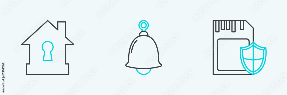 Set line SD card and shield, House under protection and Ringing bell icon. Vector Set line SD card and shield, House under protection and Ringing bell icon. Vector