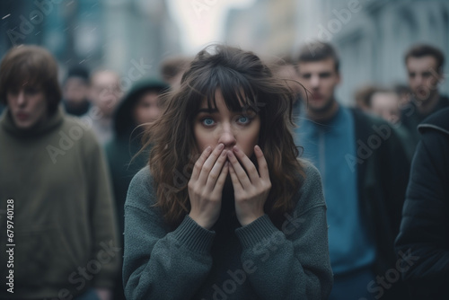 A scared girl on a road with many people. Social anxiety disorder. social phobia. a person with fear of being watched and judged by others. photo