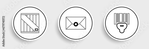 Set line Scanner scanning bar code, Wooden box and Envelope icon. Vector