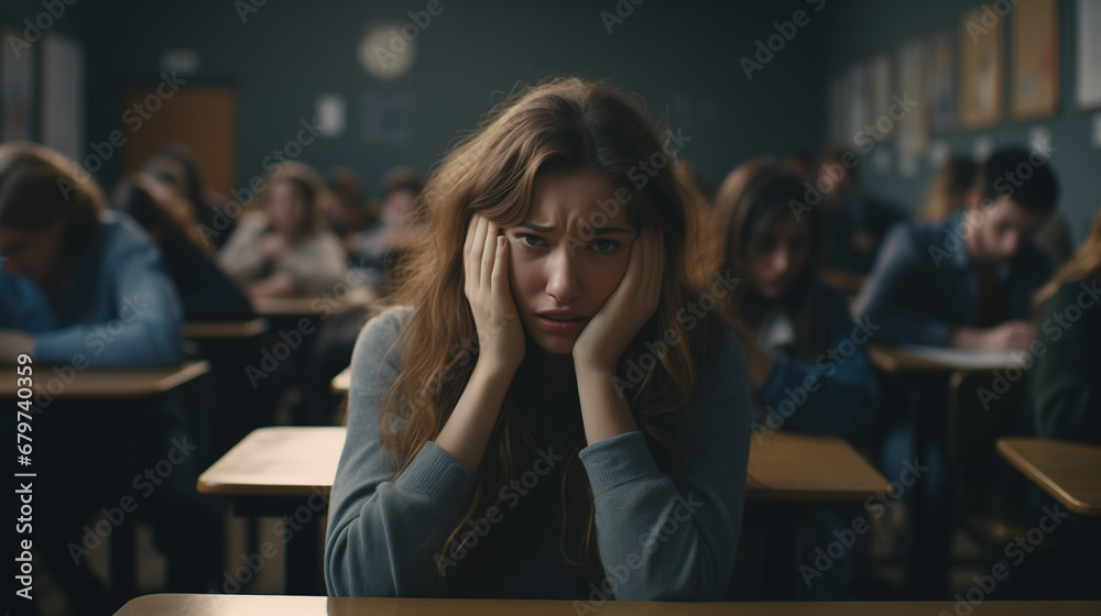 A scared student girl in a class room with other students in class. Social anxiety disorder. social phobia. person with fear of being watched and judged by others.  - obrazy, fototapety, plakaty 