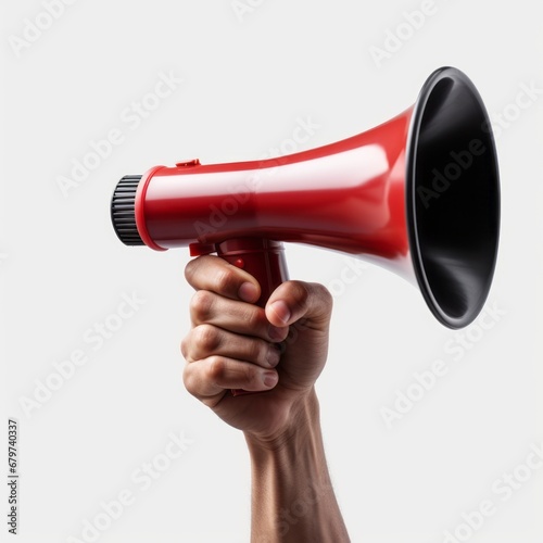 In a white background, a hand is shown gripping a megaphone.