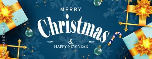 Christmas blue design with gift boxes, gold glitter frames and bows.