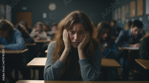 A scared student girl in a class room with other students in class. Social anxiety disorder. social phobia. person with fear of being watched and judged by others.  photo