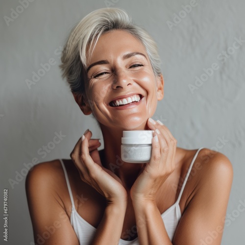A joyful woman applying anti-aging face cream.