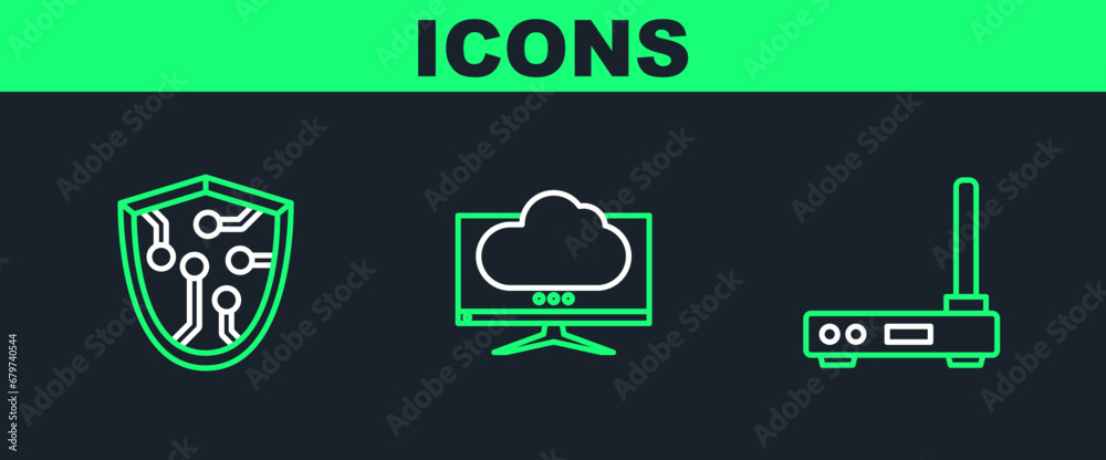 Fototapeta premium Set line Router and wi-fi signal, Cyber security and Computer monitor screen icon. Vector