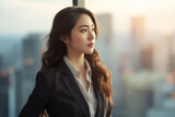 Young Asian businesswoman looking contemplatively out of a skyscraper window at the sprawling city below