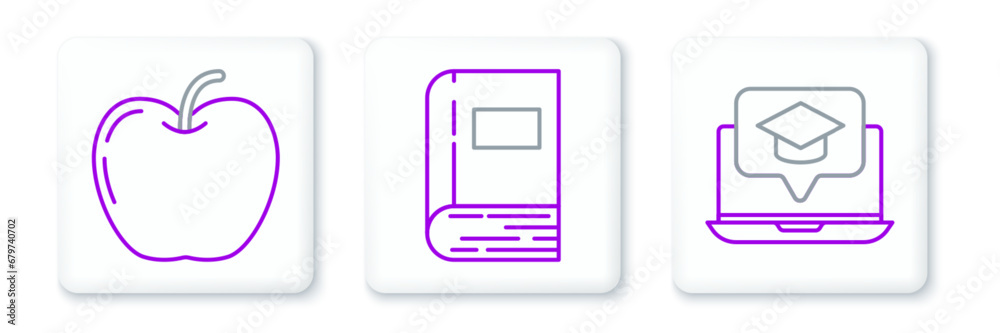 Set line Graduation cap on screen laptop, Apple and Book icon. Vector Set line Graduation cap on screen laptop, Apple and Book icon. Vector