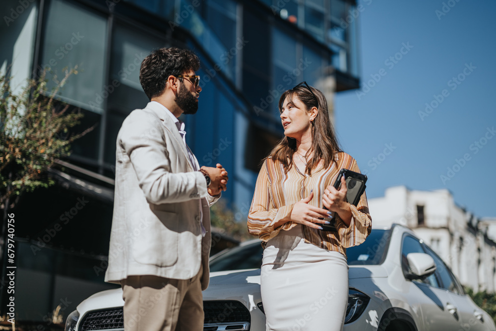 Fototapeta premium Diverse professionals analyzing market trends, strategizing for global business expansion in a bustling city setting. Leadership and skills propel their small business group towards success.