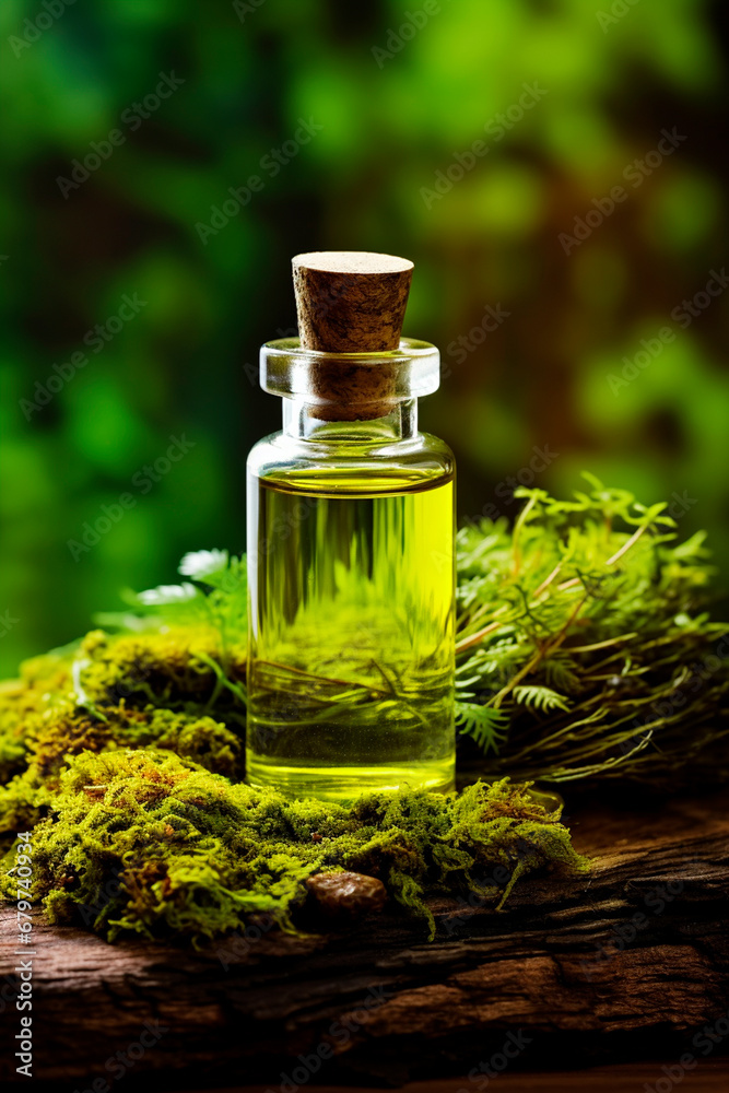 oil with moss on a forest background. Generative AI,