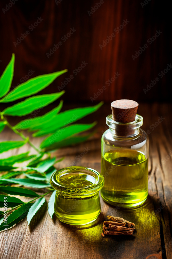 Essential oil neem in a bottle. Generative AI, Essential oil neem in a bottle. Generative AI,