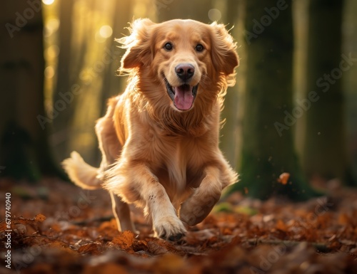 Golden Dreams  A Majestic Golden Retriever Frolicking in the Enchanting Autumn Forest