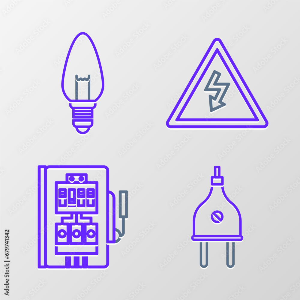 Set line Electric plug, Electrical panel, High voltage sign and Light bulb icon. Vector