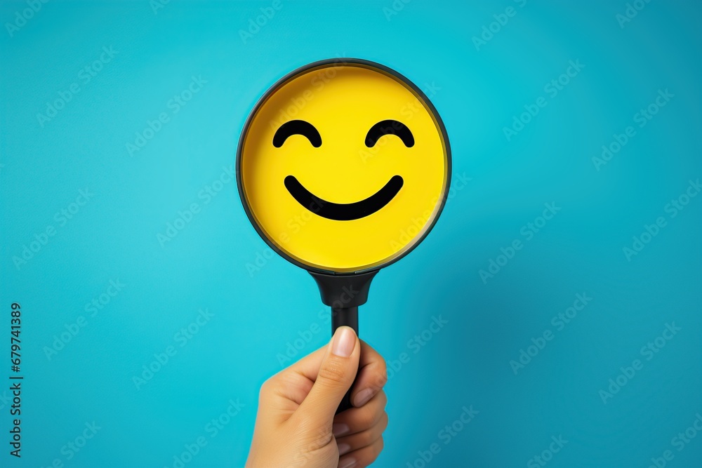 hand holding magnifying glass with smiley faces on a yellow background. hand holding magnifying glass with smiley faces on a yellow background.