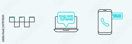 Set line Taxi call telephone service, car roof and Laptop taxi icon. Vector
