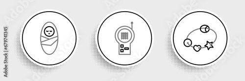 Set line Rattle baby toy, Newborn infant swaddled and Baby Monitor Walkie Talkie icon. Vector