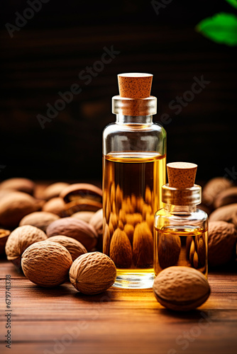Nutmeg essential oil in a bottle. Generative AI,