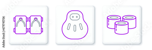 Set line Sushi, Geta traditional Japanese shoes and Maneki neko cat icon. Vector