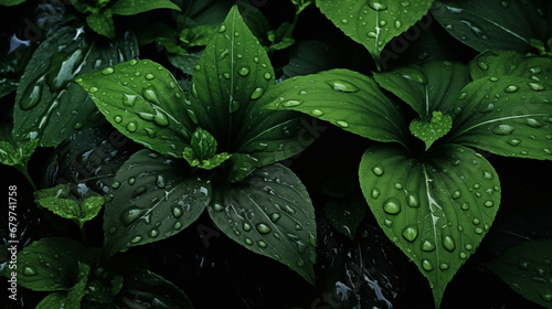 Water drops on green leaf and dark background. healthy plant with leaves glistening with raindrops on wet dark green leaves, horizontal background, rain forest, close up view 