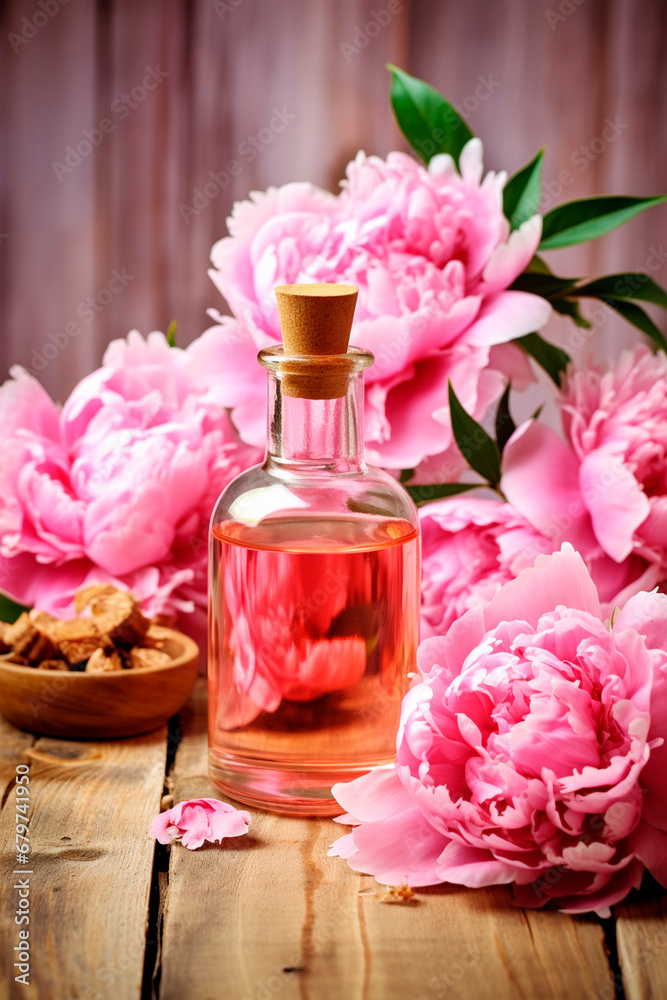 Peony essential oil in a bottle. Generative AI, Peony essential oil in a bottle. Generative AI,