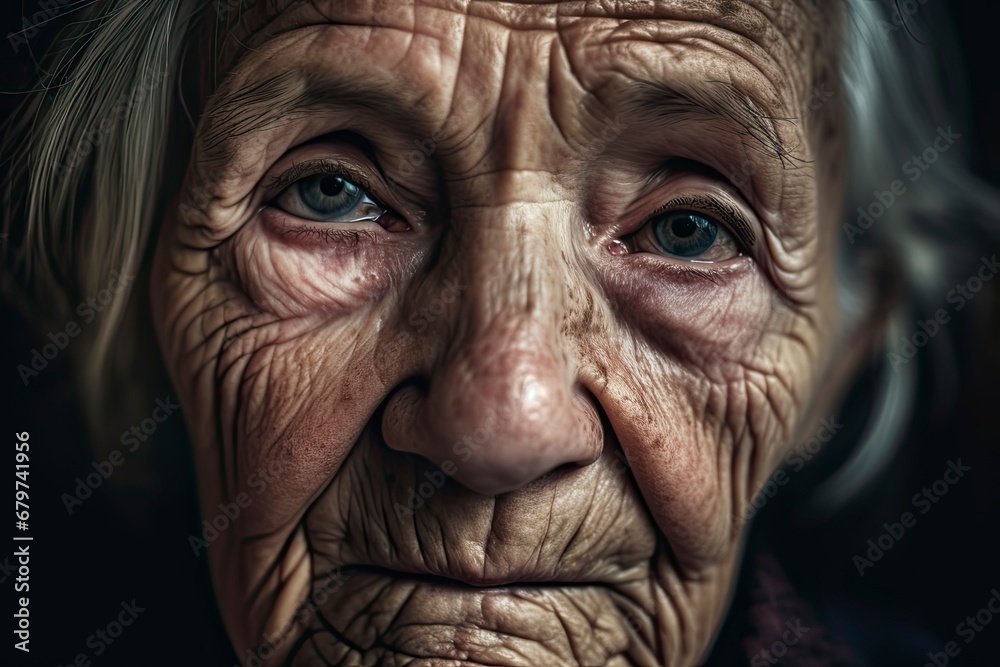 Portrait of a aged woman with beard, eyes full of sadness looking at some hope.