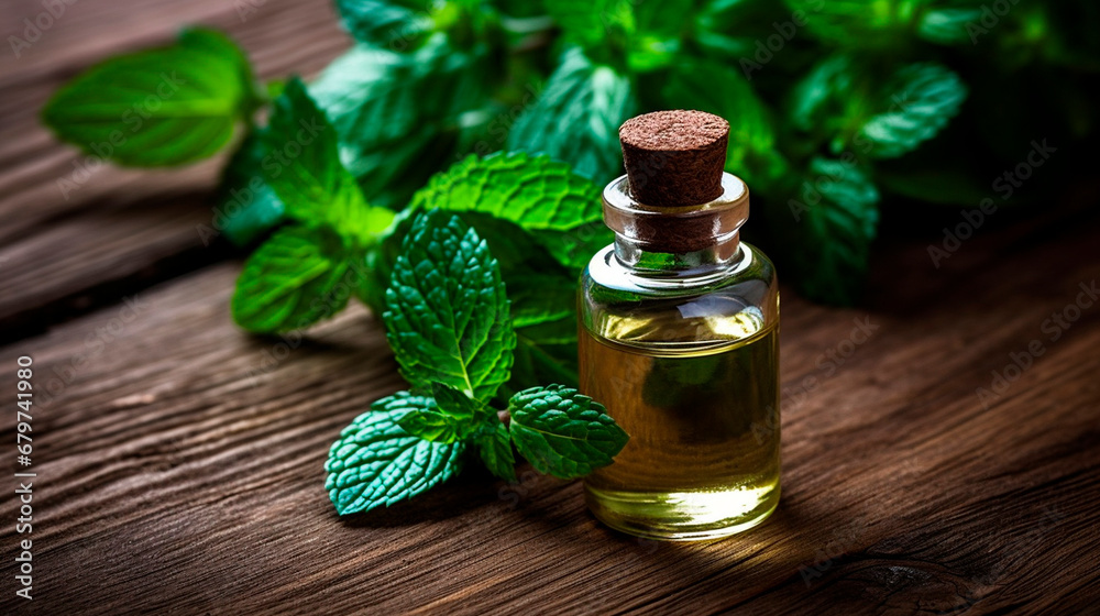 Peppermint essential oil in a bottle. Generative AI, Peppermint essential oil in a bottle. Generative AI,