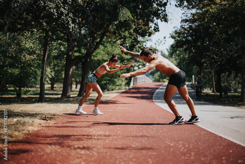 Caucasian couple does cartwheels in a sunny park. Fit and flexible bodies showcase their active lifestyle and motivation. Perfect for sport and fitness inspiration.