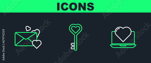 Set line Laptop with heart, Envelope and Key in shape icon. Vector