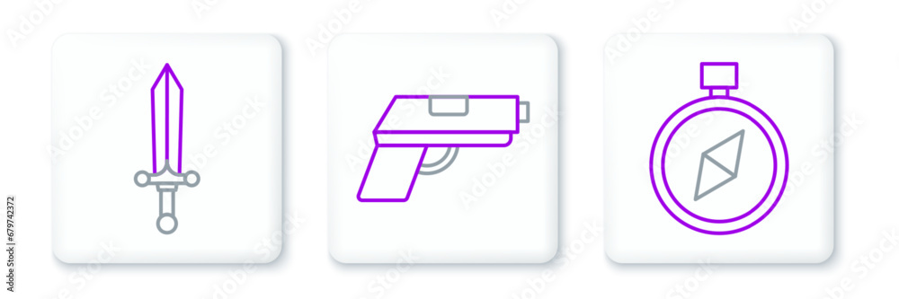 Set line Compass, Medieval sword and Pistol gun icon. Vector Set line Compass, Medieval sword and Pistol gun icon. Vector