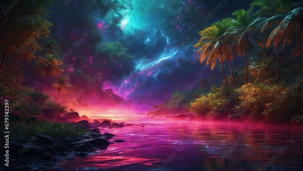 Night alien landscape. Beautiful night sky. Fantastic scene with a riot of colors of alien vegetation.