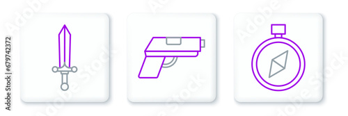 Set line Compass, Medieval sword and Pistol gun icon. Vector