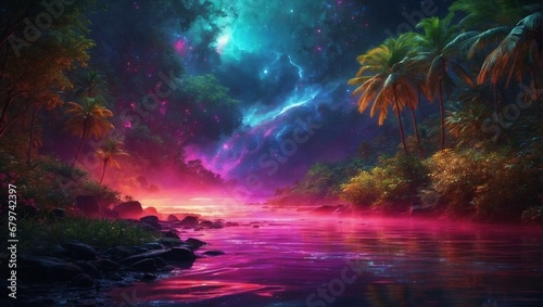 Night alien landscape. Beautiful night sky. Fantastic scene with a riot of colors of alien vegetation.
