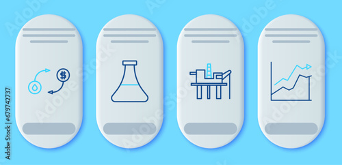 Set line Oil petrol test tube, platform in the sea, exchange and price increase icon. Vector