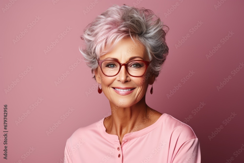 An older woman dons casual wear for a comfortable look.