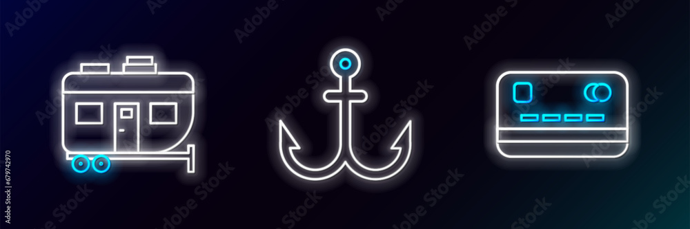 Set line Credit card, Rv Camping trailer and Anchor icon. Glowing neon. Vector Set line Credit card, Rv Camping trailer and Anchor icon. Glowing neon. Vector