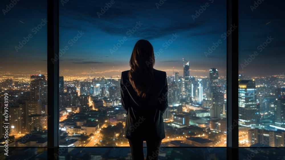 Businesswoman watching the view of the city from her office window. Businesswoman watching the view of the city from her office window.