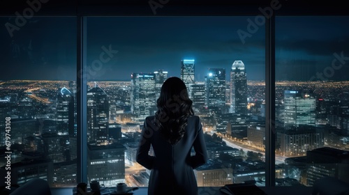 Businesswoman watching the view of the city from her office window.