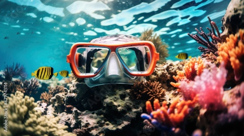 A snorkel and a mesmerizing coral reef filled with a variety of colorful fish. photo