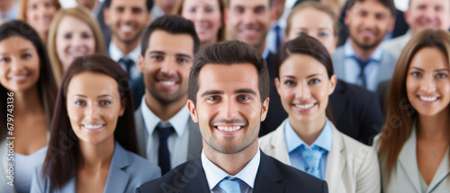 Group of happy smiling businesspeople standing in a row at office.