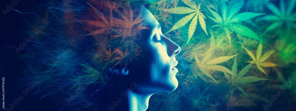 Human face and cannabis leaves. Generative AI, - obrazy, fototapety, plakaty 