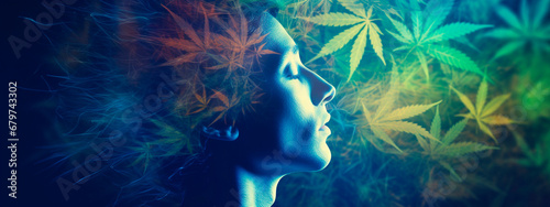 Human face and cannabis leaves. Generative AI,