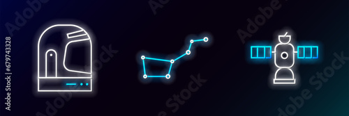 Set line Satellite, Astronaut helmet and Great Bear constellation icon. Glowing neon. Vector