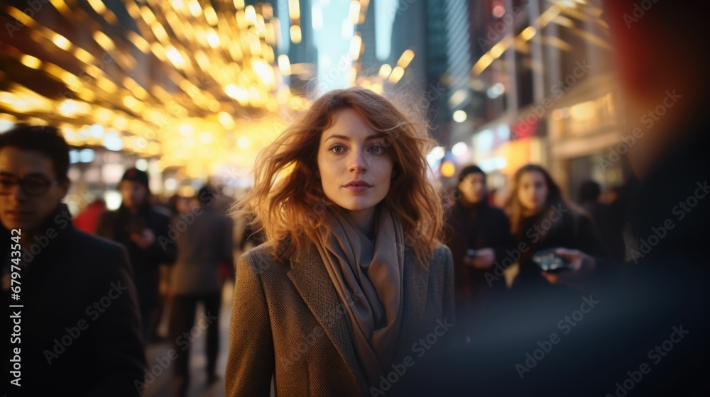 Long exposure photo of a businesswoman walking on a crowded street.