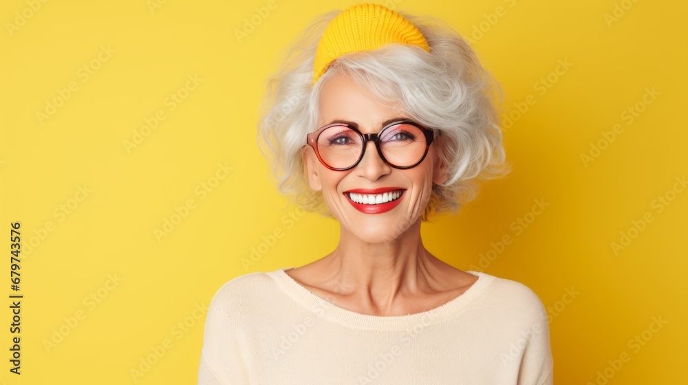 A 60-year-old hipster lady beams with joy, showcasing her radiant white smile as she looks directly at the camera.