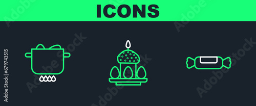 Set line Candy, Egg in hot pot and Easter cake eggs icon. Vector