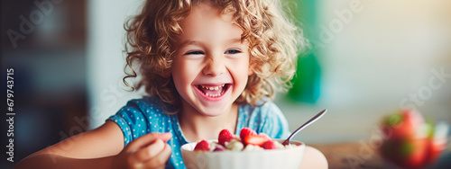 A happy smiling child eats porridge with berries. Generative AI,