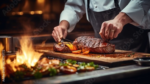 The chef roasts a large piece of meat and prepares it for service.